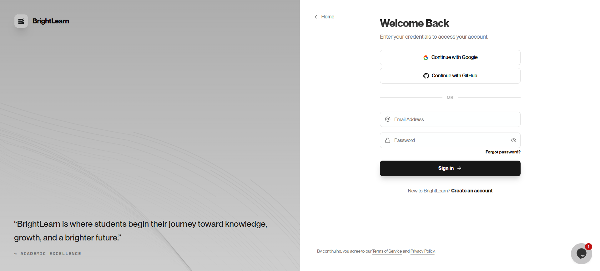 BrightLearn login page